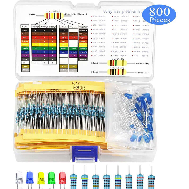 800PCS 300 Values Metal Film Resistor Kit with 5MM LED Light Kit 1% Accuracy 10-1M Electronic Compon