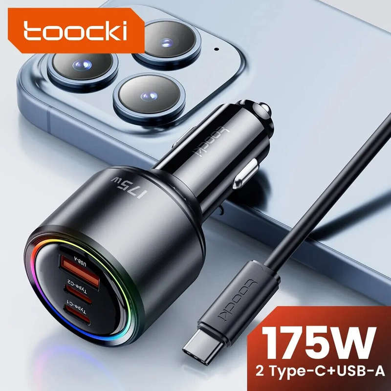Toocki TQ-CC14 175W 3-Port USB PD Car Charger Adapter USB-A+2Type-C PD3.0 QC3.0 Fast Charging for iP
