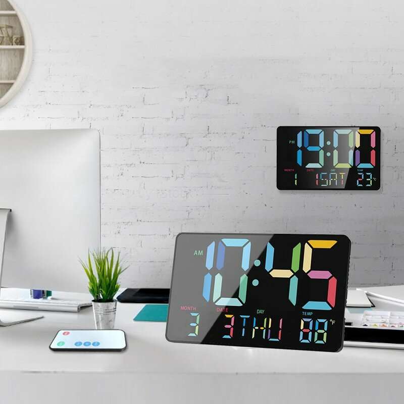 AGSIVO Large Rainbow LED Digital Alarm Clock Wall Clock with Remote Control / Calendar / Temperature