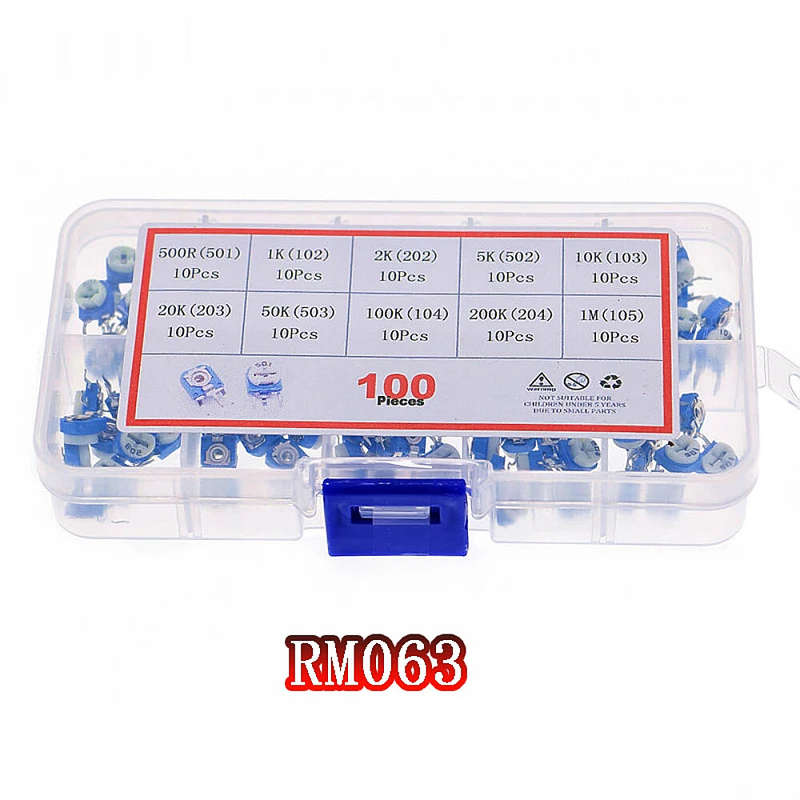 100pcs RM063 Trimmer Potentiometer Adjustable Resistor Kit 500R 1K 2K 5K 10K 20K 50K 100K 200K 1M Po