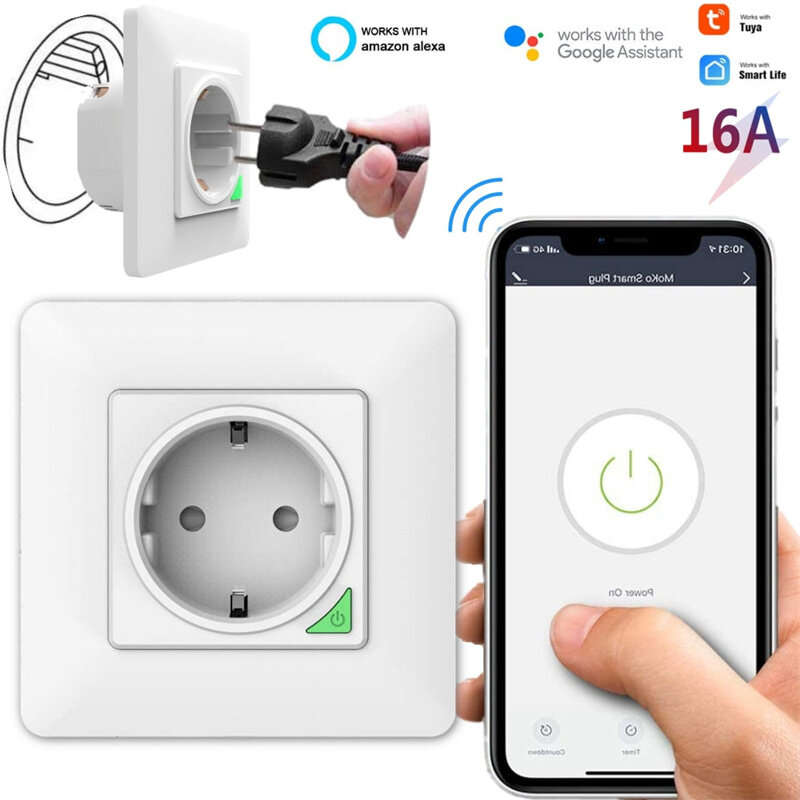Tuya 16A WiFi Smart EU Wall Socket Power Monitoring Outlet Timing Function APP Remote Control Voice