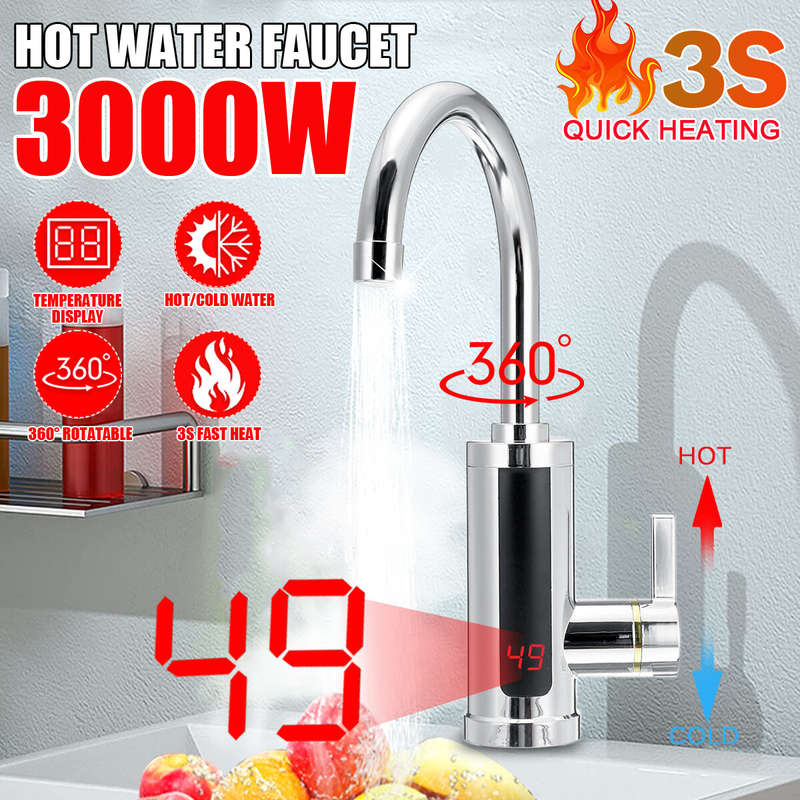 AGSIVO 3000W Instant Electric Water Heater Faucet Tap Tankless LED Digital Display Stainless Steel E