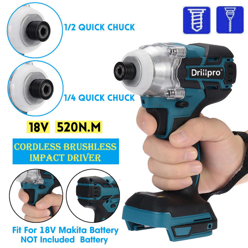 Drillpro 18V 520N.m Cordless Brushless Power Impact Drivers Electric Screwdriver Drill Stepless Spee