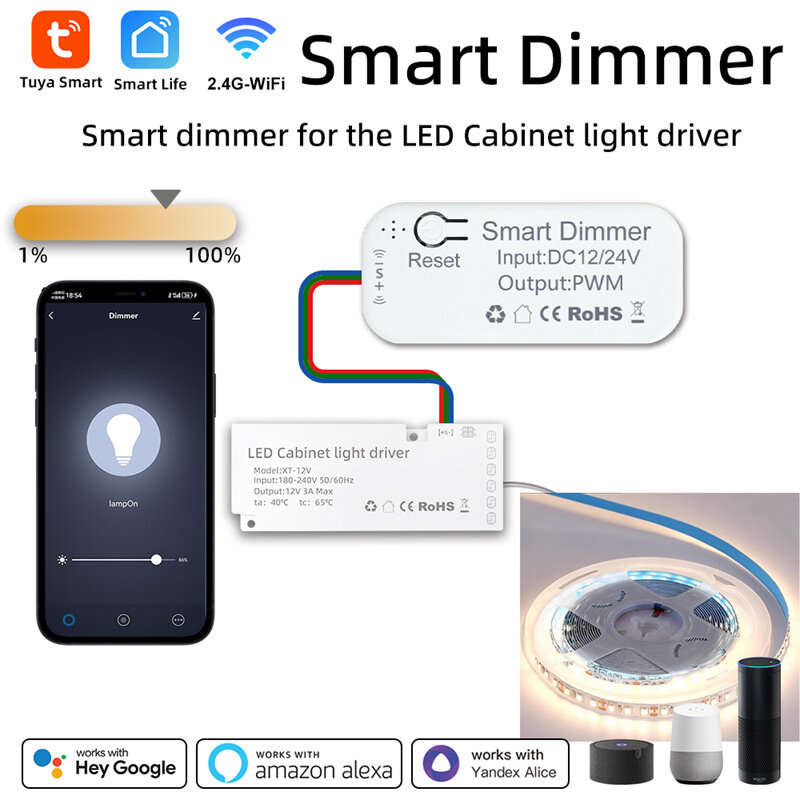 Tuya WiFi Smart Dimmer LED Cabinet Light Driver Timing Function Smart Scenes APP Remote Voice Contro