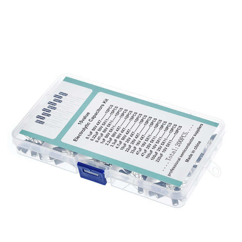 200PCS 15 Values 0.1UF-220UF In-line Electrolytic Capacitor Assortment Kit 10V 16V 25V 50V