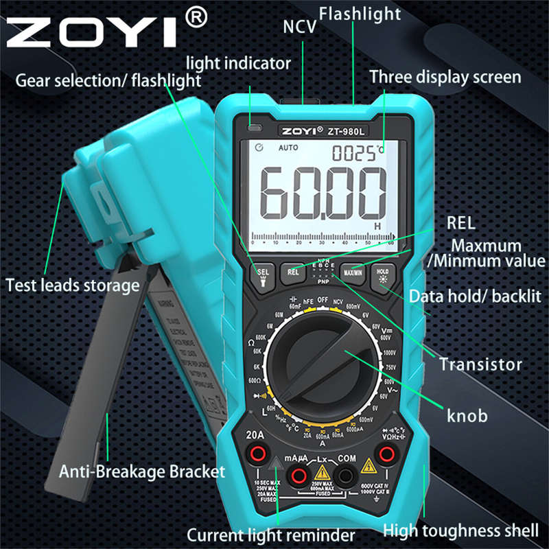 ZOYI ZT-980L Digital Multimeter 6000 Count Transistor Test Frequncy Diode Triode Temperature Inducta