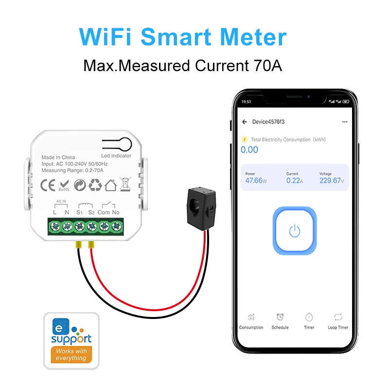 Ewelink WiFi Smart Energy Meter 70A+10A Clamp Sensor Real-Time Monitoring 6-Month Data Log Smart Hom