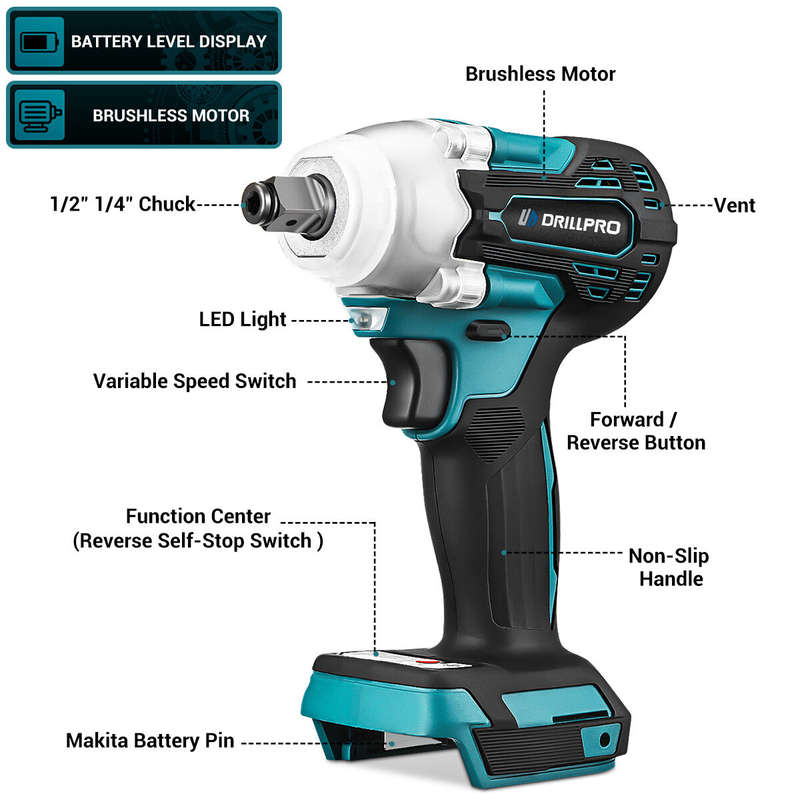 Drillpro 2 in 1 520N.m Brushless Cordless 1/2 inch Electric Impact Wrench Replacement for Mak 18V Ba