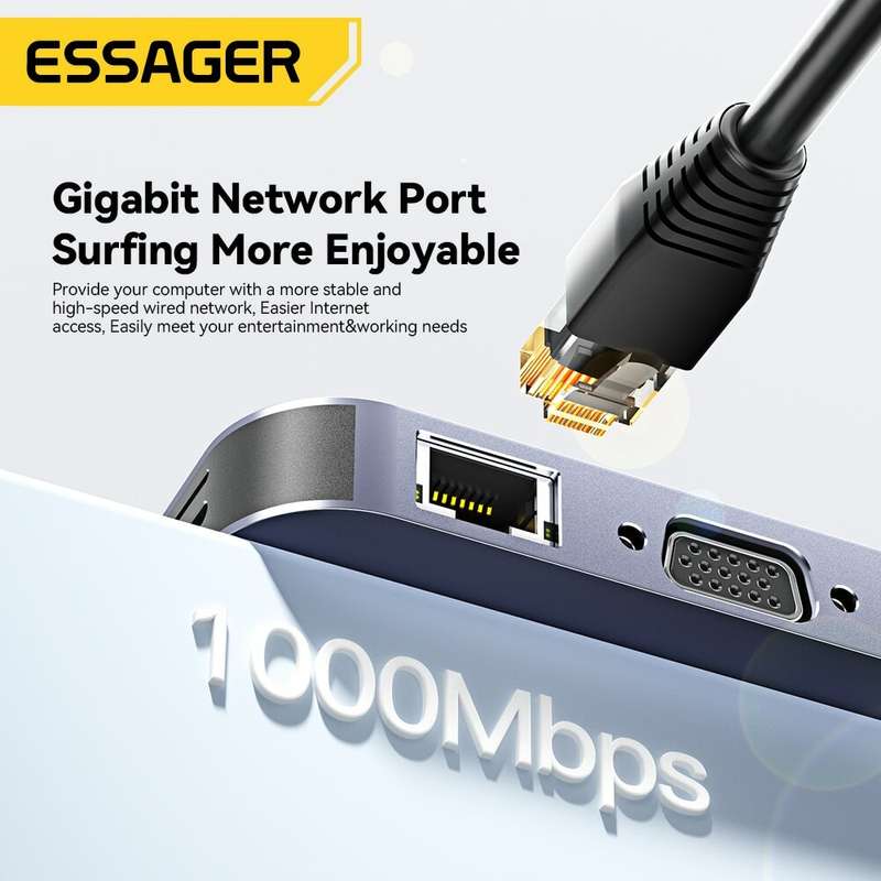 Essager 11 in 1 Type-C Docking Station 3*USB 3.2 Gen1 5Gbps HDMI 4K@30HZ VGA RJ45 1000Mbps PD Charge
