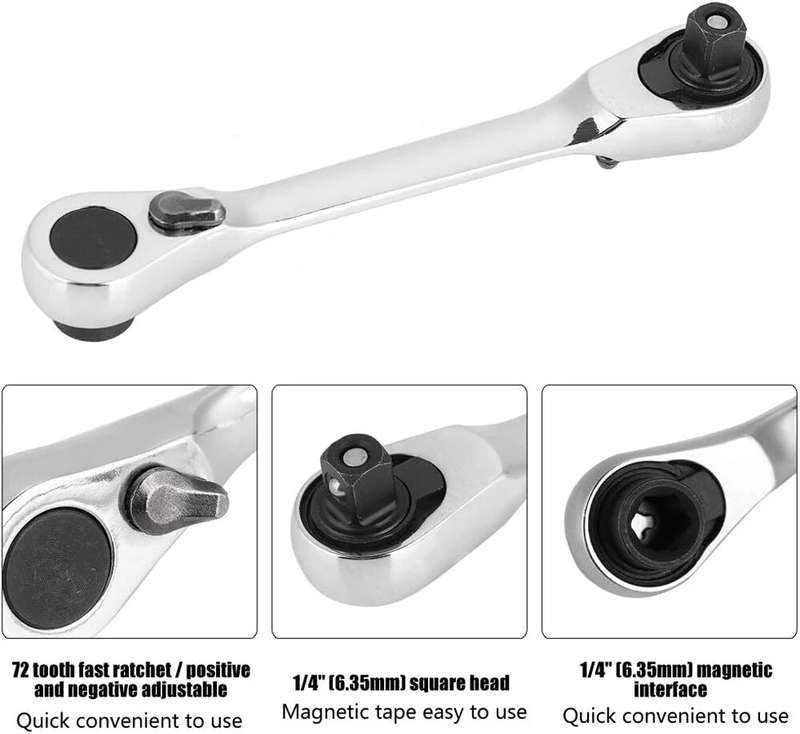 2-in-1 Mini Socket Ratchet Wrench 72-Tooth Dual-Head Design Chrome-Plated Accepts 1/4" Hex Bits Magn