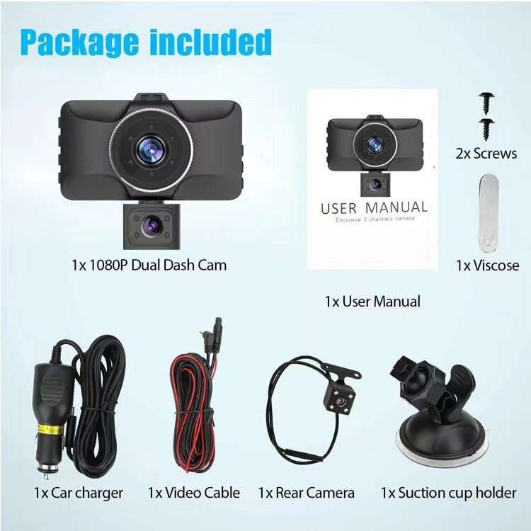 1080P 3 Channel Car Dash Cam 3-inch IPS Screen Three Lens Car 170 HD Record Front/Interior/Rear View