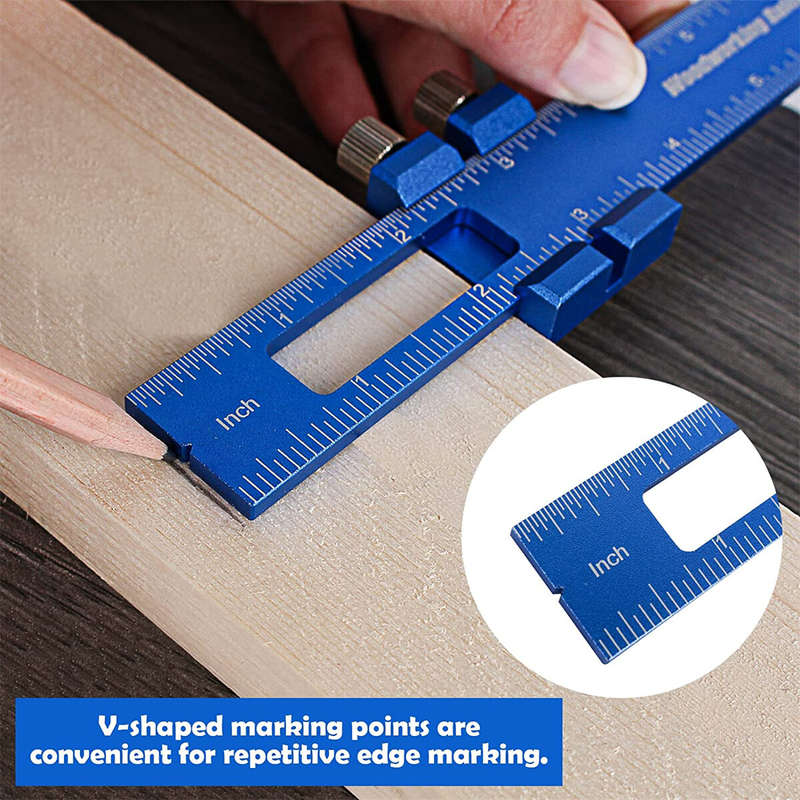 3PCS Woodworking Ruler-Aluminum Pocket Rulers with Slide Stop Woodworking T-Type Scribing Rule Marki