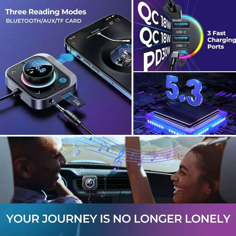 Joyroom JR-CL18 bluetooth 5.3 FM/AUX bluetooth Car Adapter 3 Ports PD&QC 3.0 FM Modulator bluetooth
