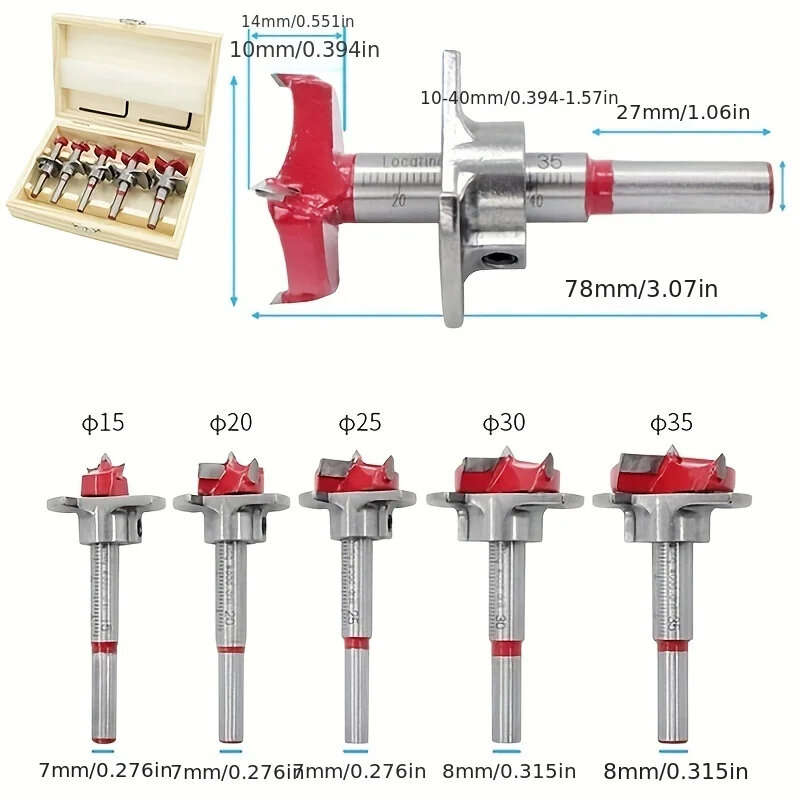 5PCS 15-35mm Woodworking Hole Opener Set Hard Alloy Flat Wing Drill Adjustable Hinge Hole Expander w