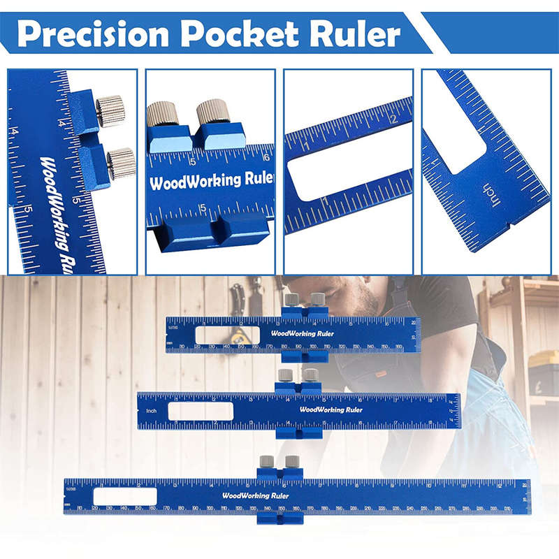 3PCS Woodworking Ruler-Aluminum Pocket Rulers with Slide Stop Woodworking T-Type Scribing Rule Marki