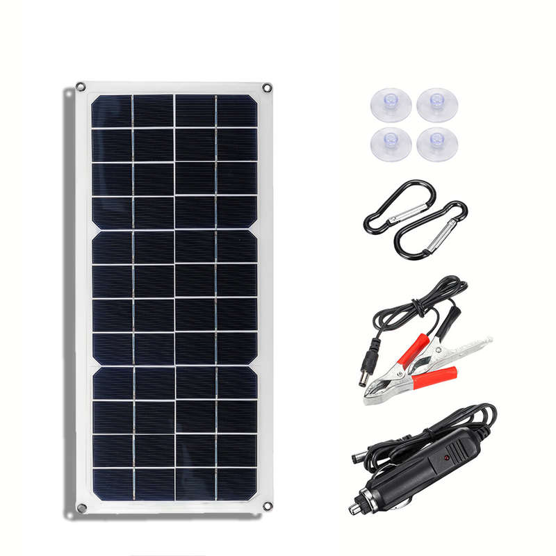 30W Mono Solar Power Charging Panel w Suckers & Carabiner for DUO Output for 12V 5V Camping Fan/Lamp