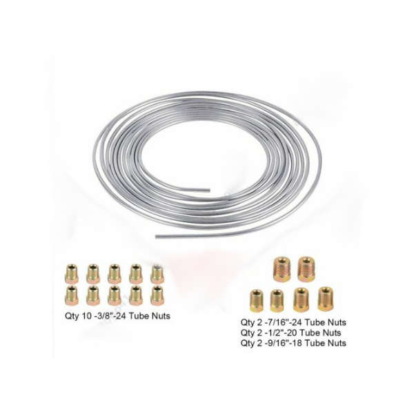 25Ft Coil Roll of 3/16"OD Steel Zinc Brake Line Fuel Tubing Kit with 16 Fittings Replacement Accesso