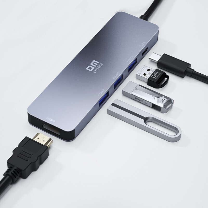 DM CHB058 5-in-1 USB3.0 Hub Docking Station USB Adapter with USB3.0*3 USB-C PD Charging 4K HDMI for