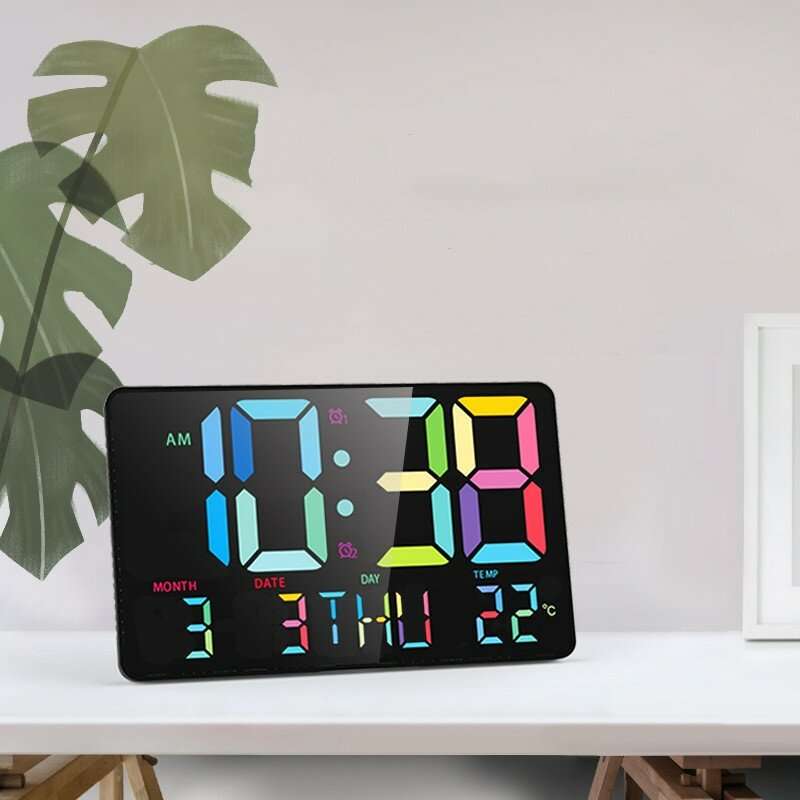 AGSIVO Large Rainbow LED Digital Alarm Clock Wall Clock with Remote Control / Calendar / Temperature
