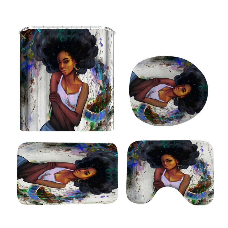 African Girl Shower Curtain Fabric Bathroom Curtains Set Non-slip Bath Mat Toilet Pad Carpet for Bat