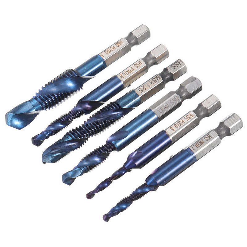 Drillpro 6pcs M3-M10 Combination Drill Tap Bit Set HSS 6542 Blue Nano Coated Deburr Countersink Dril