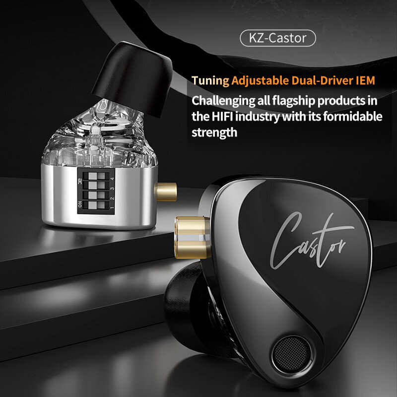 KZ Castor Wired Earphone Tuning Adjustable Dual Drivers IEM HiFi Sound Deep Bass 3.5mm Wired In-ear