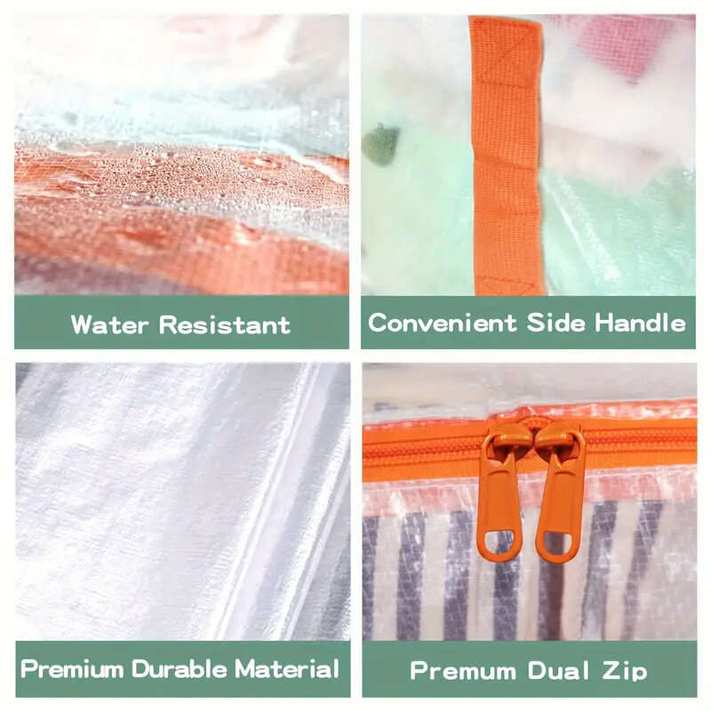 3pcs Extra Large 92L Heavy Duty Clear Moving Bags with Fixed Shoulder Strap Zipper Closure Foldable