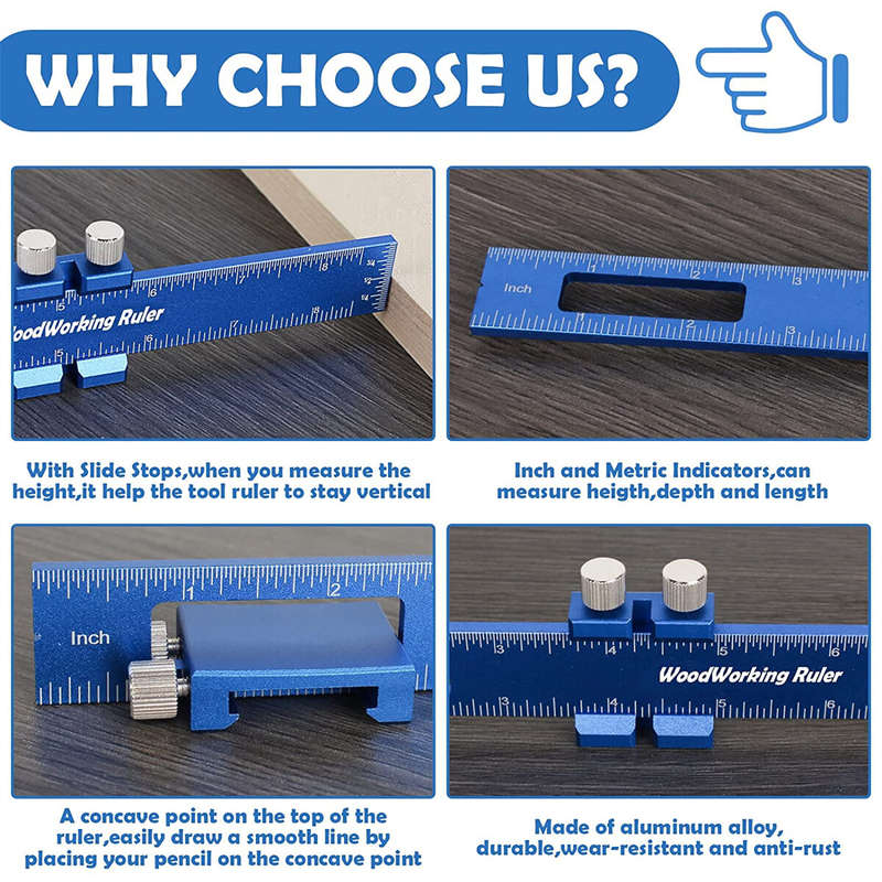 3PCS Woodworking Ruler-Aluminum Pocket Rulers with Slide Stop Woodworking T-Type Scribing Rule Marki