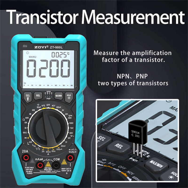 ZOYI ZT-980L Digital Multimeter 6000 Count Transistor Test Frequncy Diode Triode Temperature Inducta
