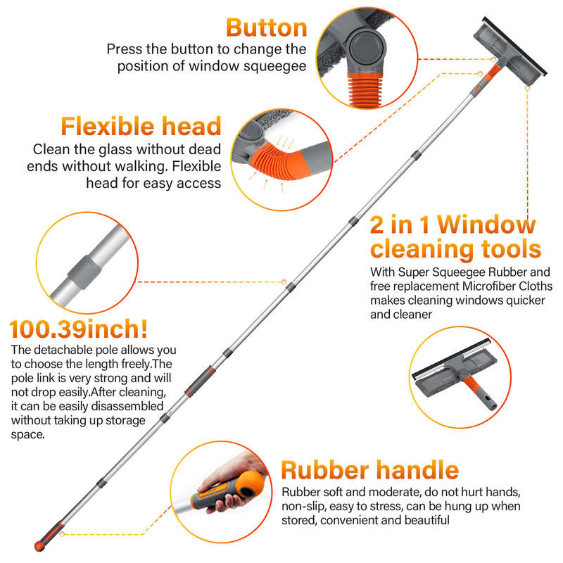 Professional Window Squeegee Cleaner, 2 in 1 Shower Squeegee with Extension Pole, 103 IN Telescopic
