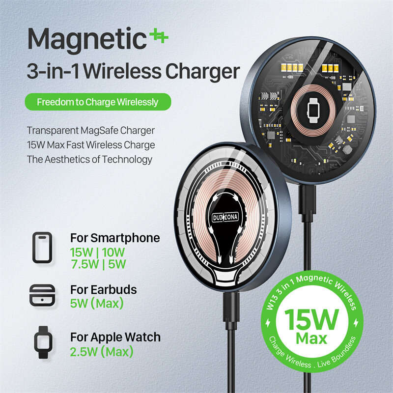 DUZZONA W13 15W 10W 7.5W 5W Wireless Magnetic Charger Fast Wireless Charging Pad for Qi-enabled Smar