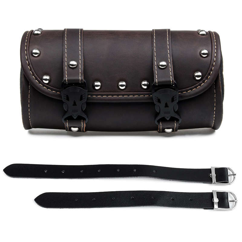 Motorcycle Front Fork Tool Saddle Bag Pouch Saddlebags Luggage Leather Barrel Dark Brown