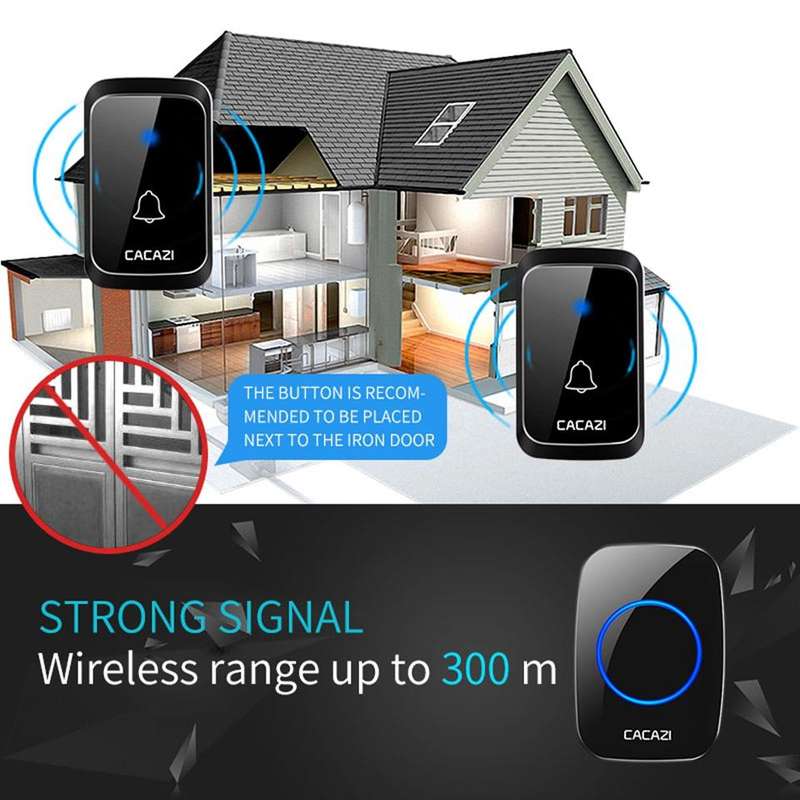 CACAZI A60 Waterproof Wireless Music Doorbell LED Light Battery 300M Remote Home Cordless Call Bell