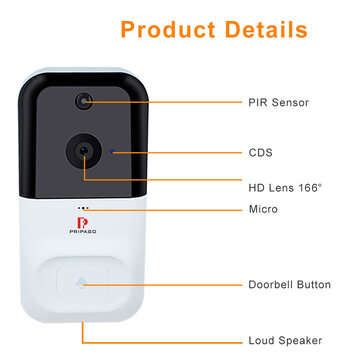 Pripaso Smart 720P Intercom Phone Call Door Bell IP Camera Wireless Wifi Video Doorbell Infrared Nig