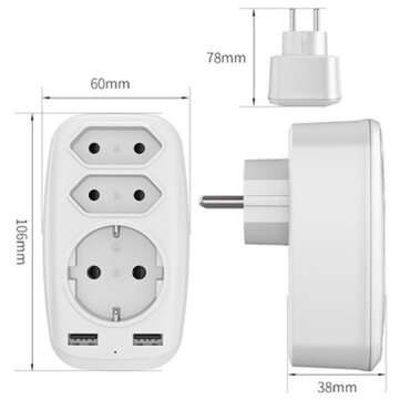 4000W 250V USB Socket Adapter 5-in-1 Multiple Plug 3 Way Multi Plug Double Euro and 1 Schuko Multi S