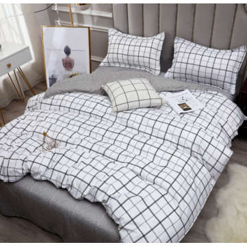 4PCS Washed Cotton Bedding Sets with Reactive Printed Plaid Striped Comfor... (COLOR & SIZE: WHITEL)