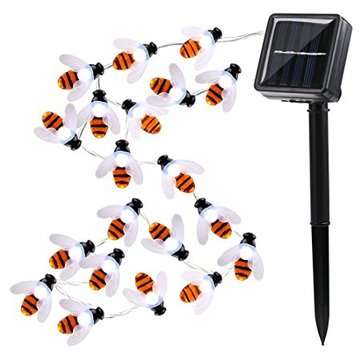 Solar Powered 5M 20LEDs Waterproof  Black Yellow Bee Fairy String Light for G... (COLOR.: PUREWHITE)