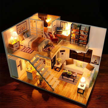 Loft Apartments Miniature Dollhouse Wooden Doll House Furniture LED Kit Christmas Birthday Gifts