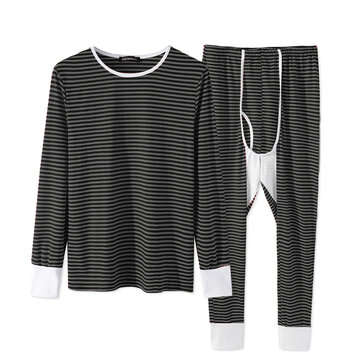 Men`s Fashion Long Sleeve Stripe Warm Homewear Round Neck Pajamas Leggin... (SIZE: M | COLOR: BLACK)
