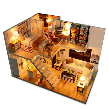 Loft Apartments Miniature Dollhouse Wooden Doll House Furniture LED Kit Christmas Birthday Gifts