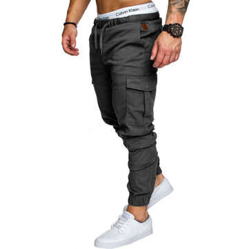 Casual Breathable Tie Drawstring Long Pants Men Solid Color Waist Draws... (SIZE: 2XL | COLOR: GREY)