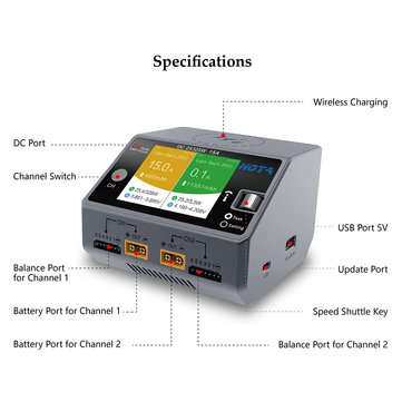 HOTA D6 DC 325W*2 15A*2 Dual Channel LiPo Battery Charger With Wireless Charging for NiZn/Nicd/NiMH