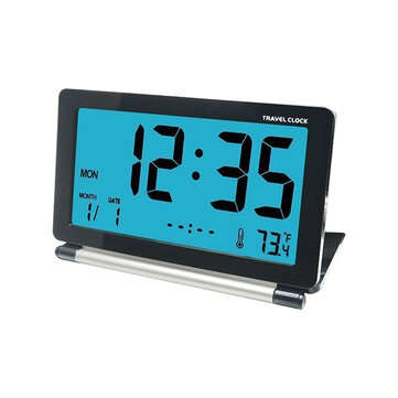 DC-12 Travel Alarm Clock LCD Mini Digital Desk Folding Electronic Alarm With Back... (COLOR.: BLACK)