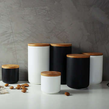 Ceramic Storage Jars Wooden Lids Tea Coffee Sugar Canisters Kitchen Container (SIZE: #1)