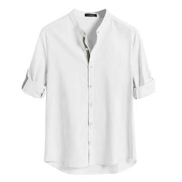 Men`s Linen Long Sleeve Solid Shirts Loose Fit Collarless Top Shirt Ou... (SIZE: 4XL | COLOR: WHITE)