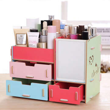 Desktop Storage Case Wooden Cosmetic Drawer Makeup Organizer Makeup Storage Bo... (COLOR.: COLORFUL)