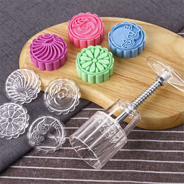 4 Stamps Moon Cake Mould 3D DIY Transparent Round Mooncake Mold Mid-autumn Festival Baking Accessori