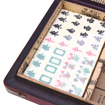 Chinese Mahjong Portable Retro Box Board Game Toy Rare 144 Tiles Mah-Jong Set In Leather Box