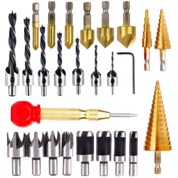 Drillpro 25pcs Woodworking Chamfer Countersink Drill Bit Set Step Drill Bits 5 Flute 90 Degree Count