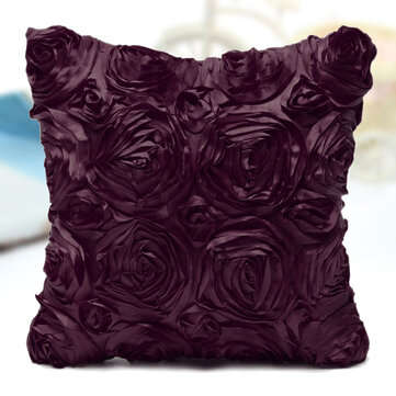 Satin 3D Rose Flower Square Pillow Cases Home Sofa Wedding Decor Cushion Cover  (COLOR.: PURPLE)